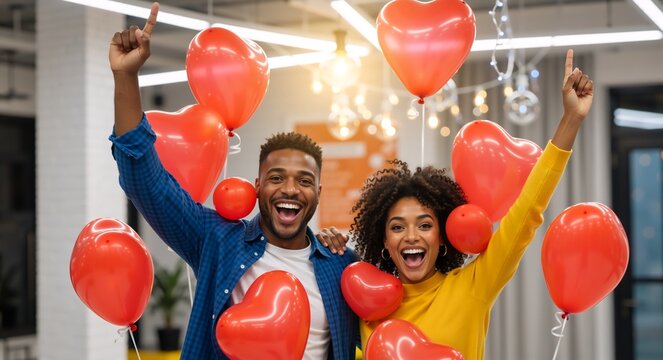 Excited African American couple pointing up with red heart balloons. Happy man and woman celebrating Valentine's Day at a party