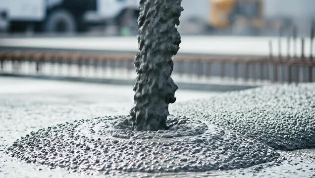 Pouring fresh concrete onto a construction site, showcasing the process of building infrastructure. The concrete forms a smooth surface ready for the next phase. 