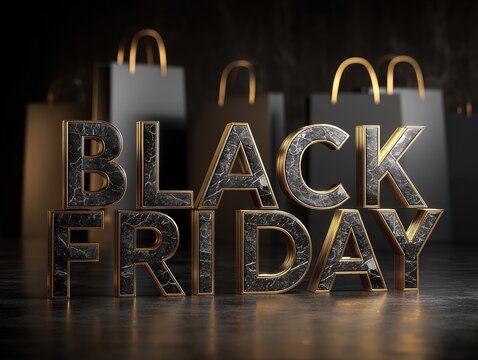 Large 3D BLACK FRIDAY text with dark marble texture and golden metal border casting a clear reflection on a smooth dark surface, blurred shopping bags with golden handles, luxurious sale concept - Powered by Adobe