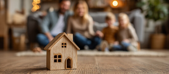 minature wooden house with family playing in background