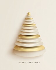 Minimalist gold and white layered Christmas tree with Merry Christmas text on a light background.