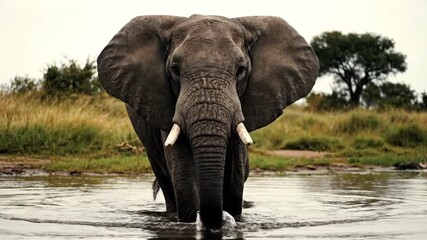 Majestic Adult African Elephant Walks Through Shallow Water in Savanna National Park During Overcast Day Featuring Tall Grasses and Trees in Background with Muddy Water Splashing Around its Feet