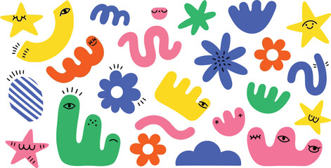 Fototapeta premium Vibrant collection of whimsical abstract shapes and characters with playful eyes