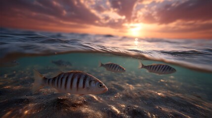 Underwater view of striped fish swimming near the seabed during a vibrant sunset