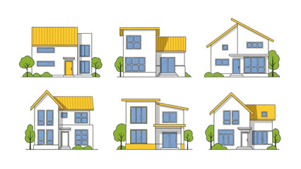 Set of six modern detached family houses in a simple outline style. Vector illustration for real estate, architecture, and suburban living concepts