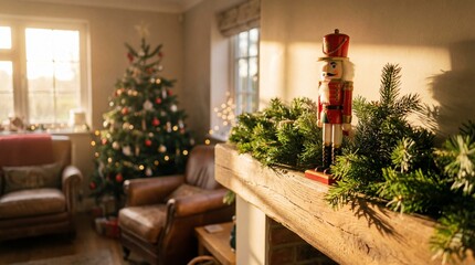 Traditional nutcracker soldier standing on a wooden beam with pine branches. Warm sunlight illuminates the cozy living room with a Christmas tree. Perfect for holiday greeting cards.