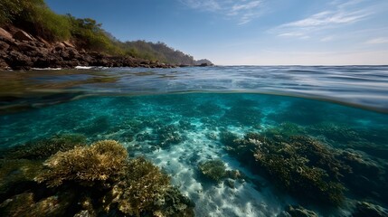 Fototapeta premium Split view of a tropical coastline revealing a vibrant coral reef and lush vegetation under a blue sky