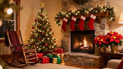 Warm and inviting living room with a Christmas tree and a cozy fireplace