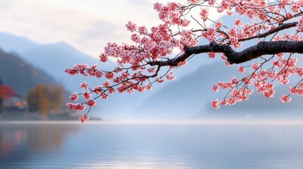 Fototapeta premium A beautiful cherry blossom branch with pink flowers hangs over a calm lake, with mountains in the background and a soft, ethereal light.