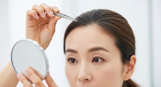 A woman in her 40s is plucking out white hair with tweezers.