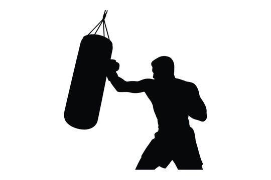 Silhouette of a boxer training with a punching bag on white