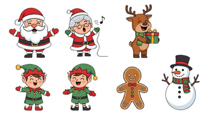 Festive Christmas Characters Illustration Santa, Elf, Reindeer, Gingerbread, and Snowman