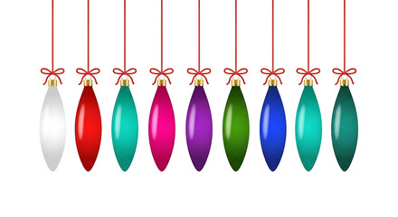 Row of colorful hanging christmas ornaments with bows