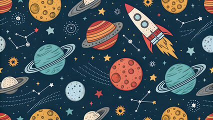 Space-themed doodle pattern, planets, rockets, stars, seamless