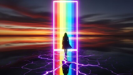 Woman standing before a vibrant rainbow portal illuminated against a dramatic sunset sky on a cracked reflective surface symbolizing transition and futuristic themes