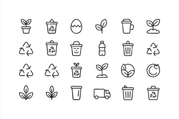 Minimal Line Icons of Plants, Recycle Marks, Trash Bins, and Compost Containers