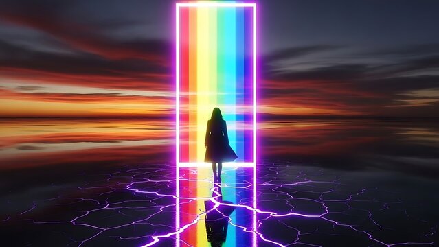 Woman standing before a vibrant rainbow portal illuminated against a dramatic sunset sky on a cracked reflective surface symbolizing transition and futuristic themes