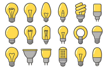 Set of electric light bulbs showing various shapes, sizes, and energy types for lighting
