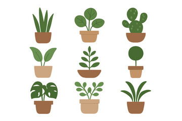 Obraz premium Assortment of nine stylized potted houseplants featuring tropical leaves and succulents