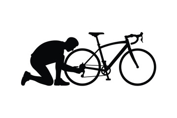 Obraz premium Silhouette of a cyclist repairing a road bike on white background