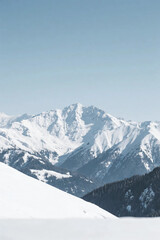 A mountain range covered with white snow, Picture. Morning sunlight. Winter mountains.

