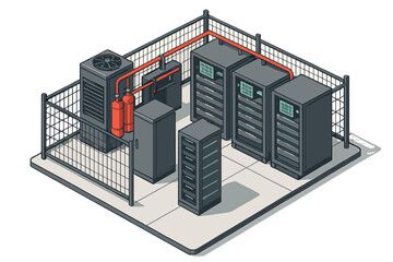 Secure data center infrastructure with server racks and cooling system in isometric perspective