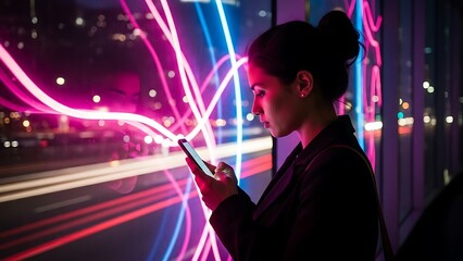 Woman Using Smartphone in Modern City with Abstract Neon Lights at Night Connecting in a Digital Age Communicating and Working Mobile in an Urban Environment