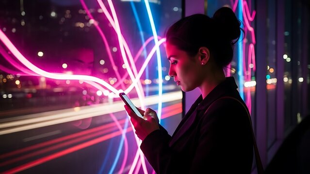 Woman Using Smartphone in Modern City with Abstract Neon Lights at Night Connecting in a Digital Age Communicating and Working Mobile in an Urban Environment