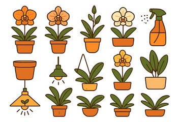 Fototapeta premium Potted orchids, green houseplants, gardening tools, and grow lights set in flat style