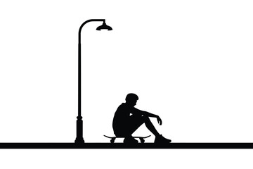 Silhouette of a skateboarder sitting under a streetlight on white