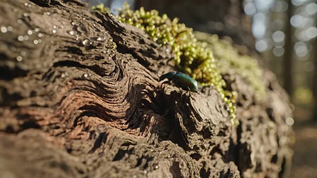 Metallic Wood-Boring Beetle on Mossy Log Nature Close-Up
