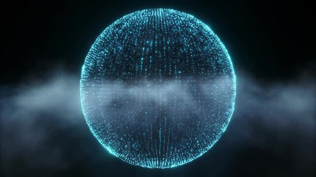 Futuristic technology concept with a glowing blue digital sphere made of particles, representing a global network or big data visualization
