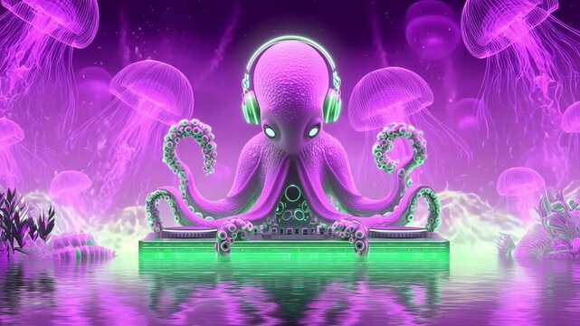 An octopus dj wearing headphones mixes tracks as jellyfish swim and pulse with the beat in a colorful underwater setting