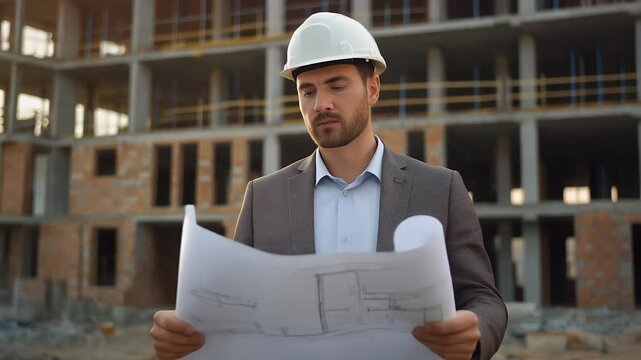 Architect reviewing blueprints at construction site, thoughtful expression.