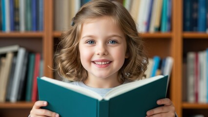 Young Reader's Delight: A bright, smiling child engrossed in a captivating book, surrounded by bookshelves, embodies the joy and wonder of reading.