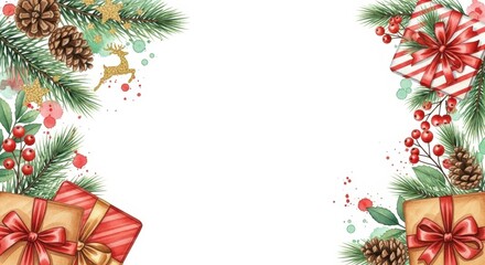 Festive Christmas Gifts: Presents, greenery, and ornaments come together, symbolizing the spirit of the Christmas holiday. Capturing the joy of the season.