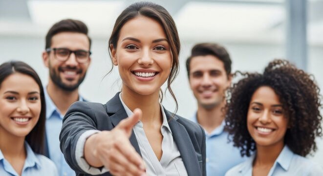 Diverse business team offering handshake and smiling