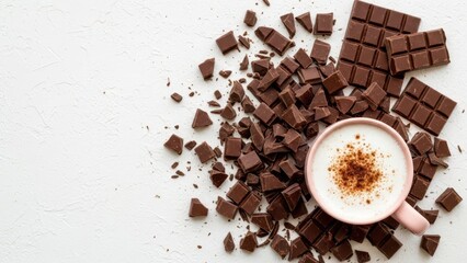 Chocolate Delight: An overhead shot captures a rich arrangement of dark chocolate pieces surrounding a steaming cup of coffee, creating a sensory symphony of taste and aroma.