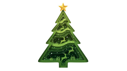 Festive Layered Christmas Tree Illustration with Reindeer and Star for Holiday Celebrations