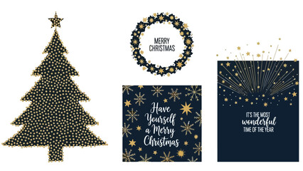 Golden Christmas Decorations Tree, Wreath, and Festive Greetings © Miki