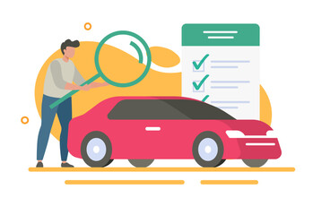 Expert inspecting car vehicle icon vector modern illustration design, man person check review auto with checklist document service, human buyer analyzing automobile assessment evaluate, history search