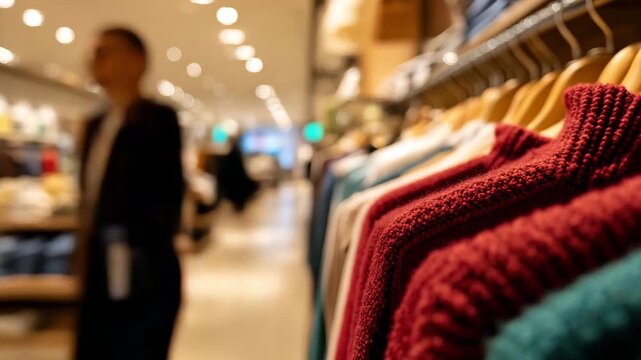 Colorful sweaters hang on racks in a contemporary clothing store filled with shoppers and bright lights, time lapse