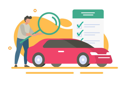 Expert inspecting car vehicle icon vector modern illustration design, man person check review auto with checklist document service, human buyer analyzing automobile assessment evaluate, history search