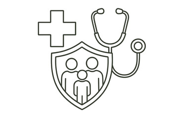 Family health insurance and medical protection concept with shield, cross, and stethoscope