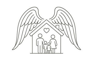 Abstract symbol of a family protected by large angel wings covering their home