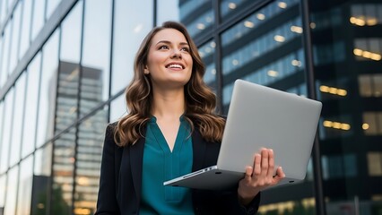 Young businesswoman with laptop smiling and looking up in the city with modern architecture reflecting her ambitious career goals for a brighter future ready for success