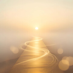 Serene pathway illuminated by soft sunrise in hazy atmosphere  