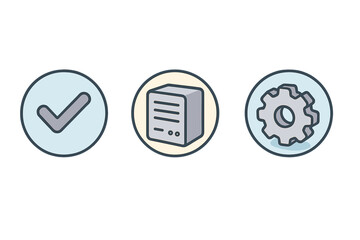 Checkmark, data server, and settings gear symbols for digital technology concepts