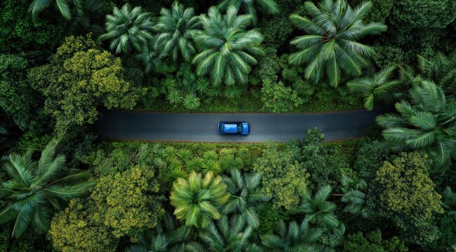 Car on a Forest Road: An aerial view captures a sleek car navigating a winding road through a lush, verdant forest, highlighting the seamless blend of nature and technology.