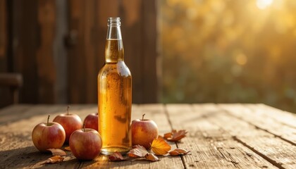 Golden drink surrounded by fresh apples in a warm autumn setting Generative AI